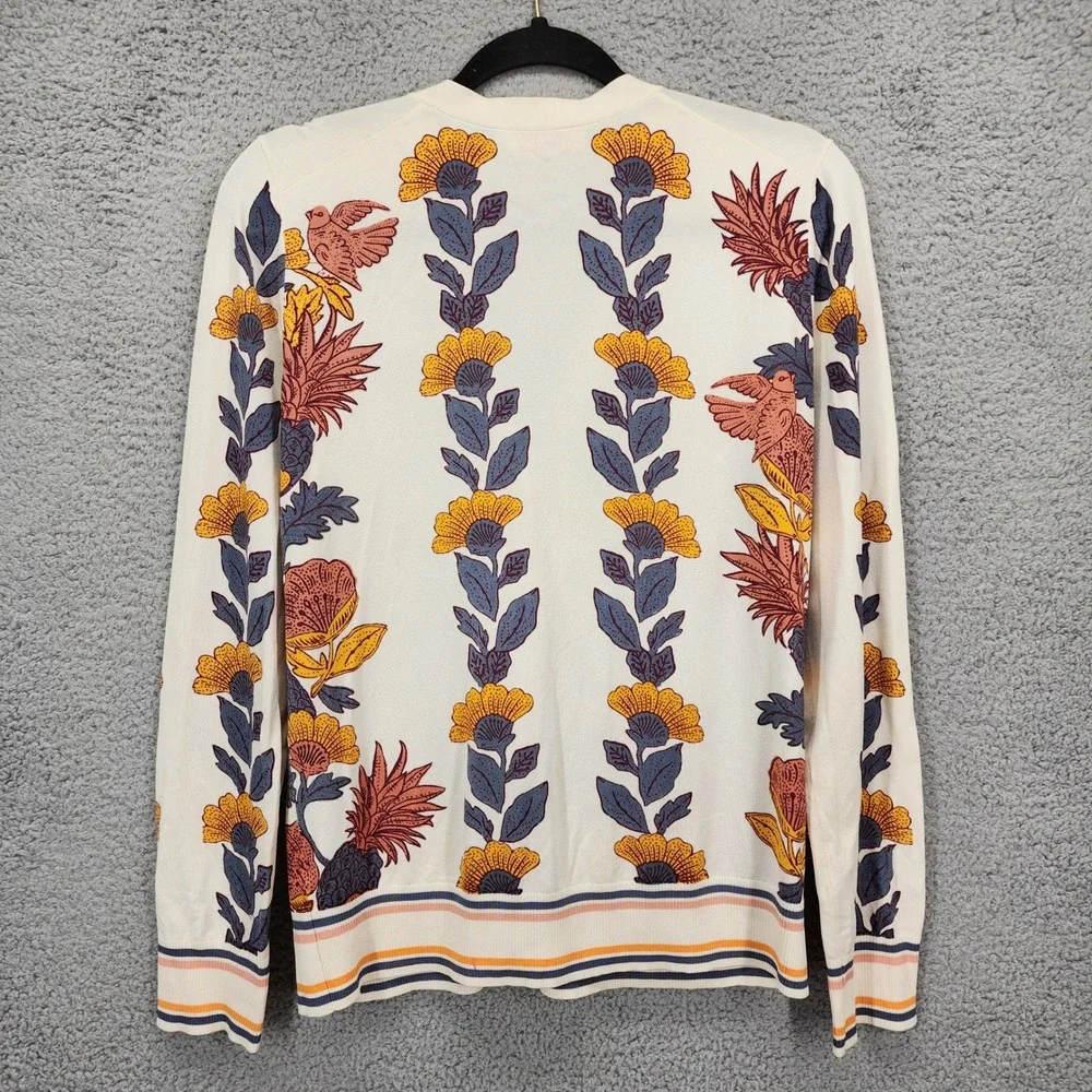 Tory Burch Women Ivory Floral Bird Print Button Front Cardigan Sweater Medium